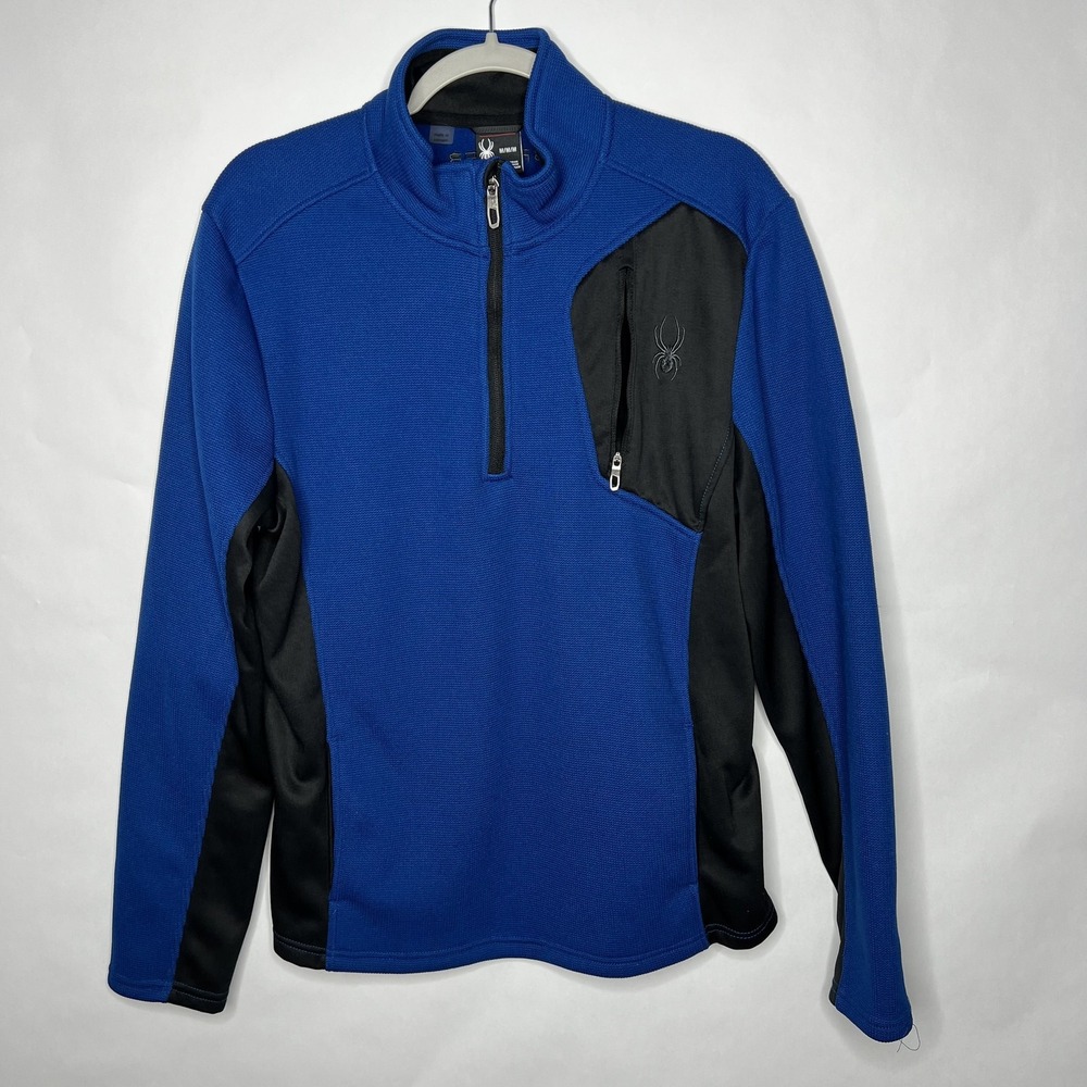Spyder Pullover Mens Medium Blue Black Fleece 1/4 Zip Mock Neck Ski Base Layer